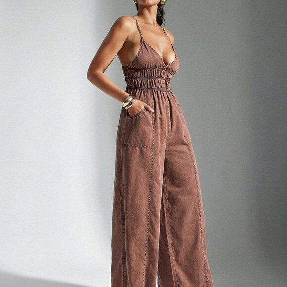 Brown Casual Wide Leg Women's Backless Jumpsuit